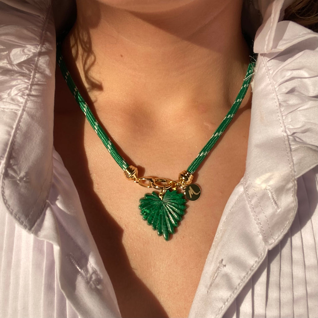 Green Paracord Necklace with Malachite Fluted Heart Pendant