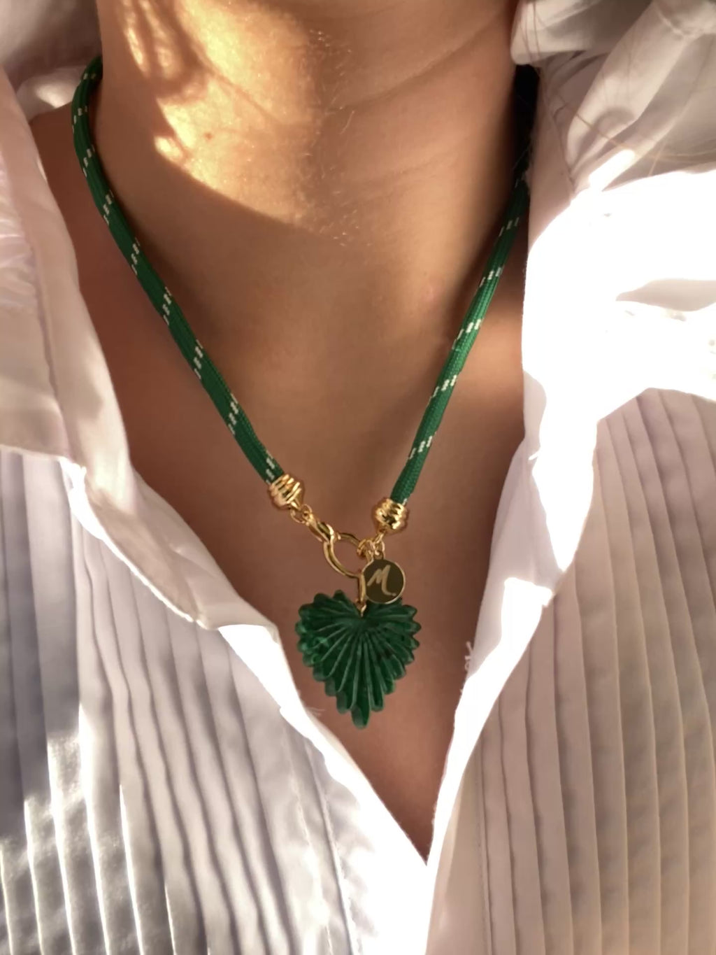 Green Paracord Necklace with Malachite Fluted Heart Pendant
